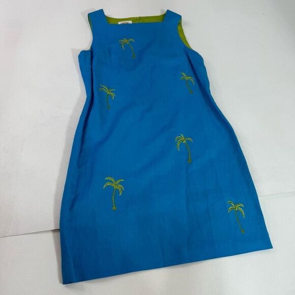 VTG Talbot's Dress Womens14 Blue Linen Preppy Palm Embroidered Beachy Tropical - Picture 1 of 10